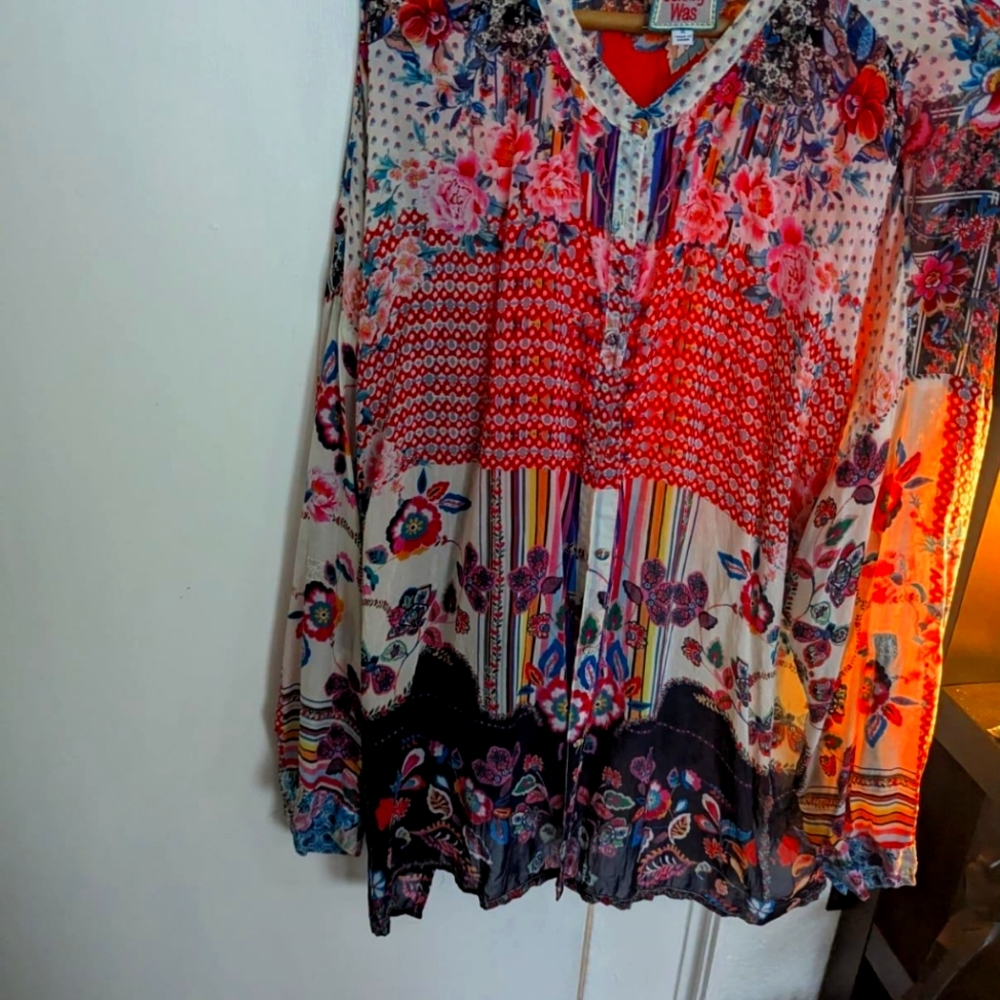 Johnny Was Multicolor Rayon Printed Patch Button-Down Blouse Boho Flowy XL